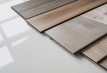 Close-up of laminate flooring samples with woodgrain and stone-look finishes.
