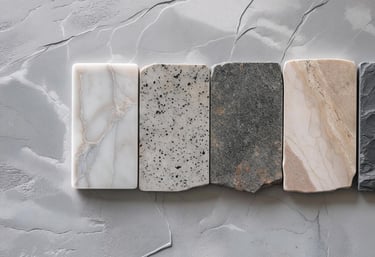 Close-up of polished marble, granite, travertine, and slate natural stone samples.