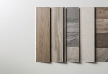 Close-up of vinyl plank flooring samples with wood-look and stone-look finishes.