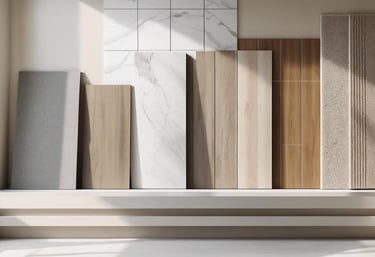 Various flooring materials including wood, tile, marble, laminate, vinyl, and carpet samples.