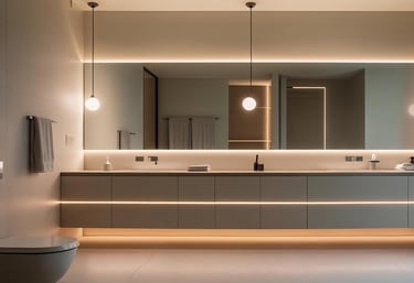 Bathroom with smart lighting and backlit mirrors above a modern vanity.