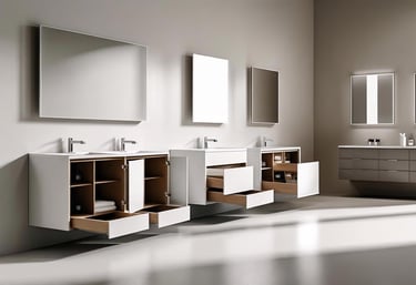 Showroom with different bathroom vanity styles and storage options on display.
