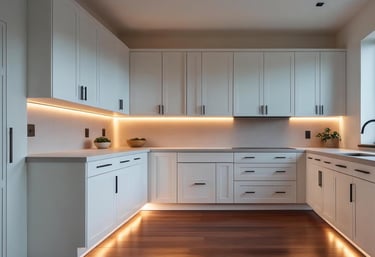 White shaker kitchen cabinets with black handles in a modern, minimal space.