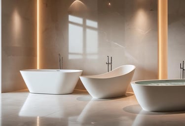 Freestanding and jetted tubs on display in a modern bathroom showroom.