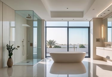 Wide view of a modern bathroom with walk-in shower, freestanding tub, vanities, and wet room design.
