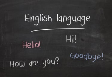 Black board with English language greetings