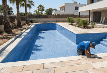 Reforma de piscina de alvenaria com instalação de iluminação LED e cascata em Jacarepaguá.