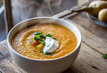 a bowl of soup with a dollop of sour cream