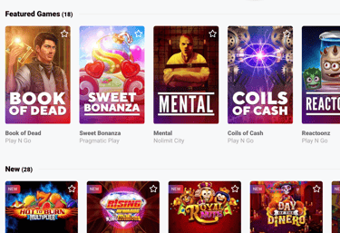 Guts game library—‘Featured Games’ and ‘New’ sections with large thumbnails and favorite stars