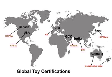 Toy Certification regulations by countries including USA, India, EU, AU/NZ, UAE, Japan, Canada