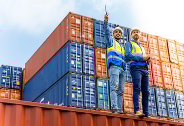two men standing on a roof top of a building