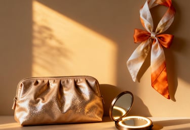 "Gilded Moments" GWP collection, with a shimmering gold cosmetic pouch, silk scarf, and mirror.