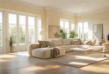 Modern living room with eggshell white walls, natural light, and oak flooring.