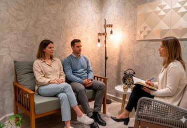 a man and woman sitting in a waiting room