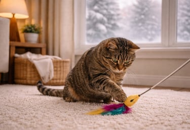 Cat playing indoors during winter routine