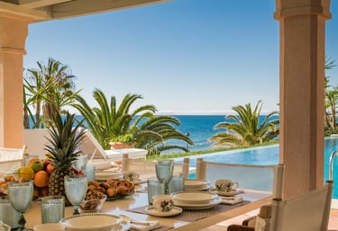 Pool area at Villa El Rincon, a luxury beachfront villa in Marbella.