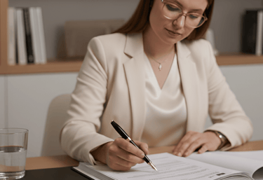 mujer joven en oficina sentada escribiendo anotaciones en libro