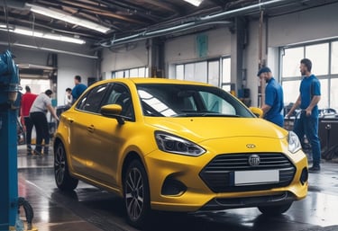 High-resolution image of a Maruti Suzuki car being serviced in a bright, clean workshop.