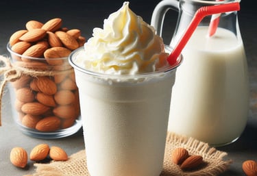 a milkshake topped with whipped cream next to a cup of almonds