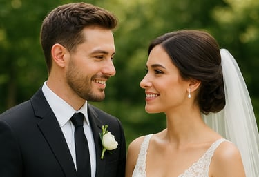 A newly married couple smiling together at their wedding.