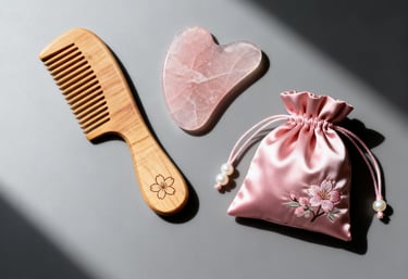"Sakura Ritual" GWP collection, featuring a pink satin pouch with a wooden comb and Gua Sha