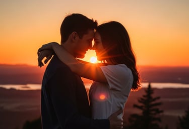 a couple kissing in the sunset