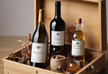 a basket of wine, olive oil and honey