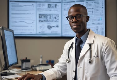 A modern hospital room featuring an adjustable hospital bed with side rails, a blue sheet, and medical devices such as monitors and an infusion pump nearby. The room is tiled, with a curtain in the background and medical equipment along the walls.