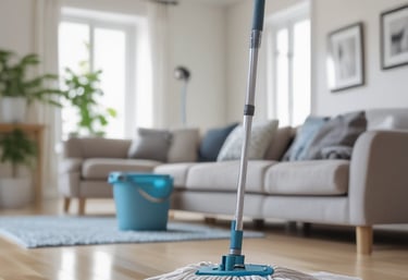 Close-up of cleaning tools and supplies arranged neatly on a beige cloth.