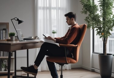 A remote post-production artist working on color grading multiple video screens in a cozy home studio.