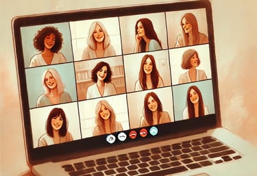 a group of women connect over a video conference indicating group coaching