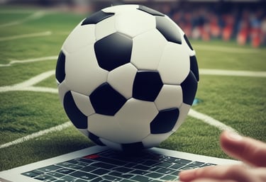 A football field with a focus on a goalpost surrounded by a chain-link fence. The ground appears frosty or covered with a thin layer of snow. The field is part of an outdoor sports facility with visible floodlights and buildings in the background. The foreground shows a blurry soccer ball, suggesting an overcast day with soft lighting.