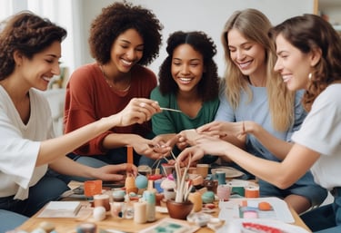 A large group of women appears to be engaged in a communal activity, with many raising their arms. Some are wearing floral crowns and there is a sense of togetherness and focus.