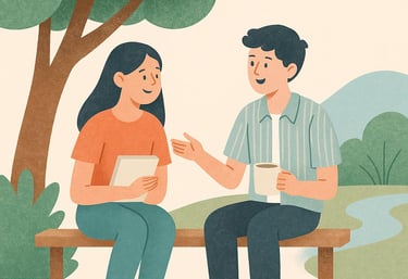 a man and woman sitting on a bench in a park