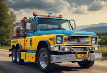 A tow truck parked next to a vehicle on the roadside.