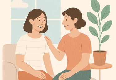 a woman sitting on a couch talking to a friend