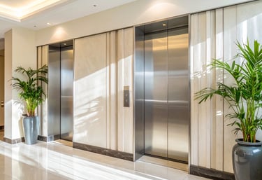 a building lobby with 2 elevators, cladded in stainless steel with the doors closed and plants