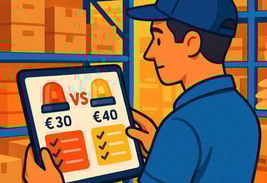 Ilustración en Proveedores, mozo de almacén usando el comparador Dighoreca, para servicio de alarmas