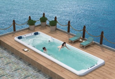 a woman in a swim pool with a man in a boat