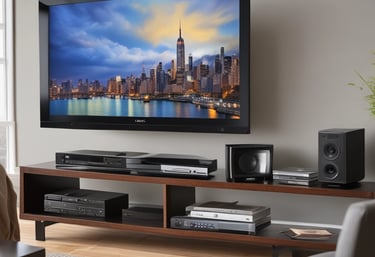 A technician installing a large flat-screen TV on a wall in a modern living room.