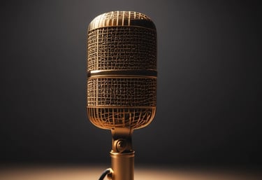 A minimalist studio microphone bathed in soft sand light, reflecting calm focus.