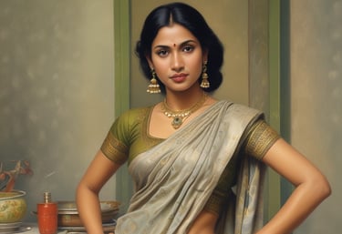 A warm, candid portrait of a Bengali housewife in traditional attire, set against a cozy Kolkata home backdrop.