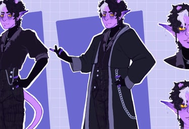 cover image for character design, purple background, purple and black themed character