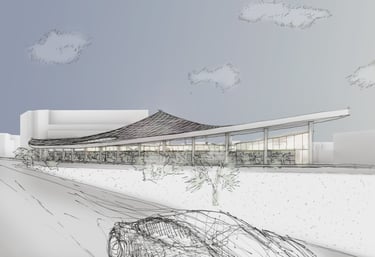 a sketch of a car and a building