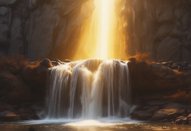 healing golden light energy flowing down a waterfall