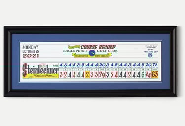 A framed piece of scorecard artwork for the course record at Eagle Point Golf Club.