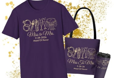 Miss to Mrs.' purple t-shirt, tote bag, and tumbler with custom wedding date.