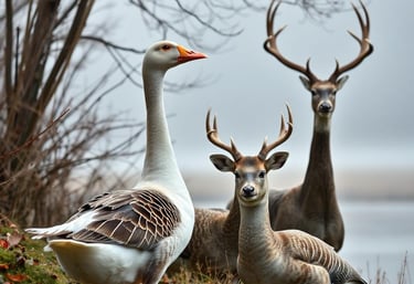 Surreal digital art of a white goose standing next to deer with antlers in a misty forest.