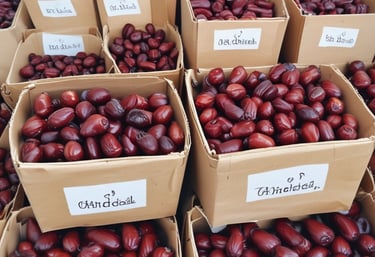 A close-up of various types of dates arranged on a wooden platter.