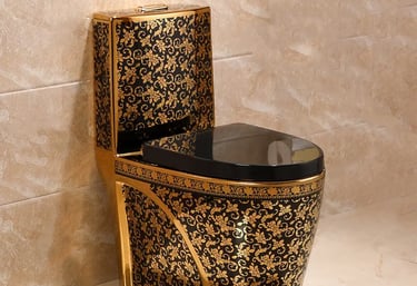 a toilet with a black and gold toilet seat cover